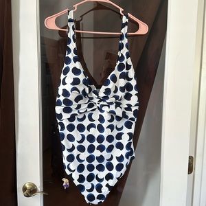 Swimsuit, dark, blue light blue circles, size 16, adjustable straps